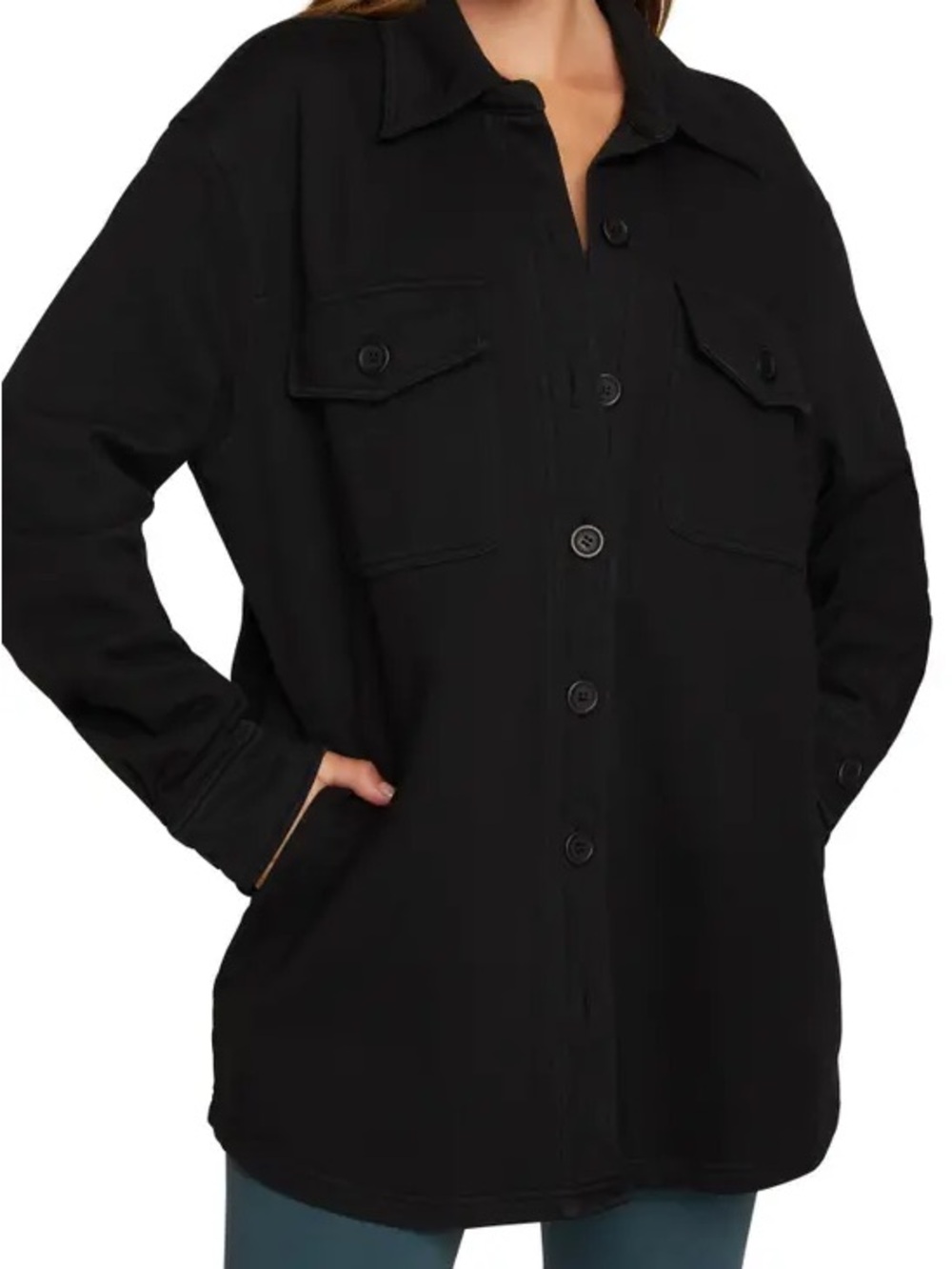 Good American Black Cotton Fleece Shacket Button Front Shirt Jacket Size 00/0